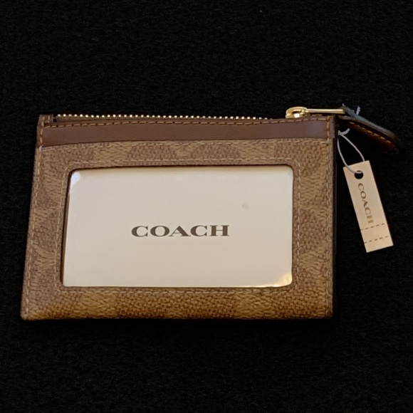 Coach Signature Leather Trim Mini ID Case With Credit Card Slots Key Ring - Picture 2 of 8